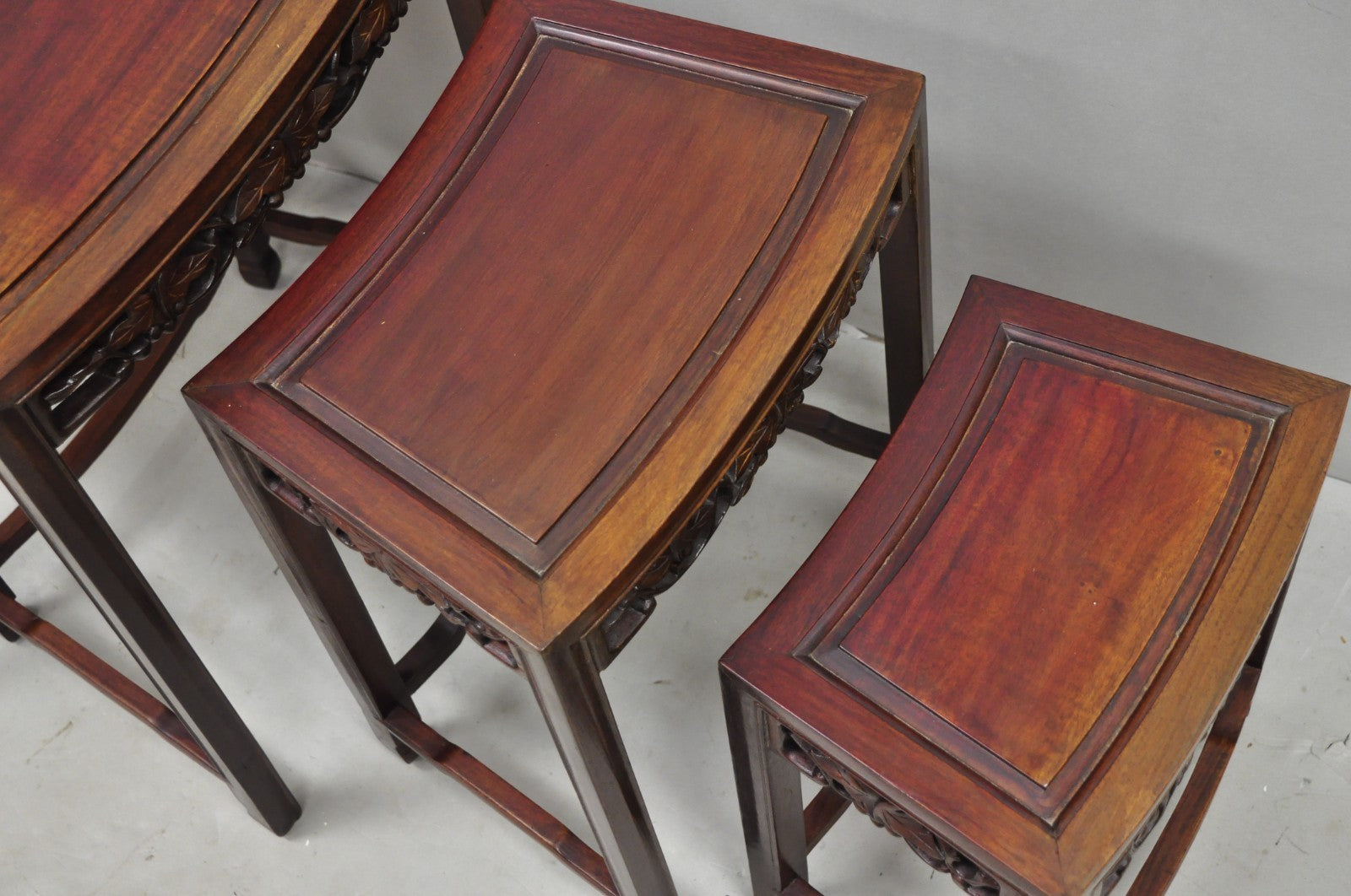 Vintage Chinese Carved Hardwood Curved Frame Nesting Side Tables - Set of 4
