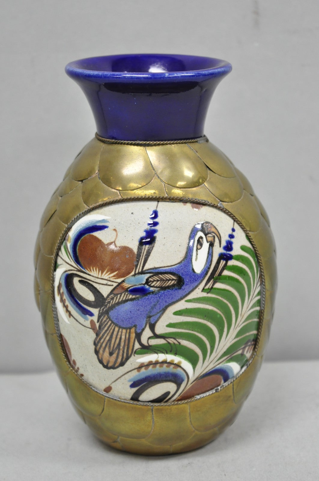 Mateos Mexico Tonala Pottery Mid Century Modern Brass Peacock Feather 7" Vase