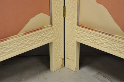 Vintage Oriental Fretwork Bone Lacquer Upholstered 6 Panel Room Divider Screen