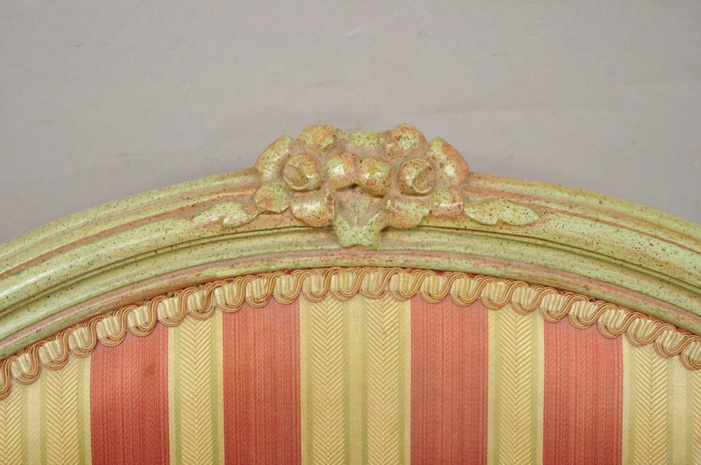 Vintage French Louis XV Style Green & Pink Painted Arm Chair w/ Striped Fabric