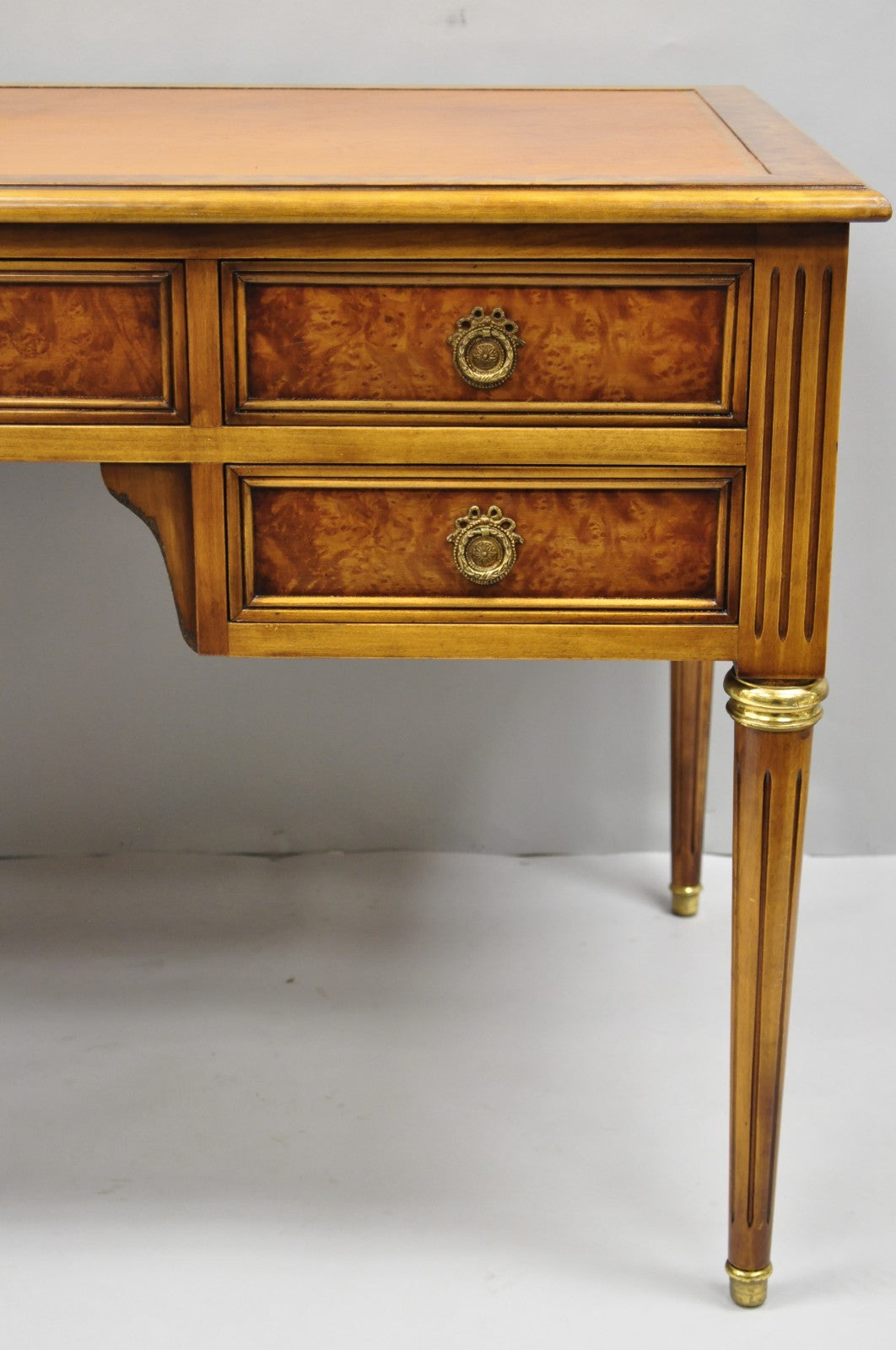 Vintage French Louis XVI Style Burl Walnut Tooled Leather Top Writing Desk