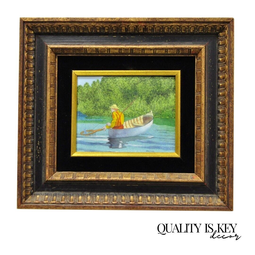 Daniel Belliard Enamel on Copper Small Framed Painting Fisherman in Boat on Lake