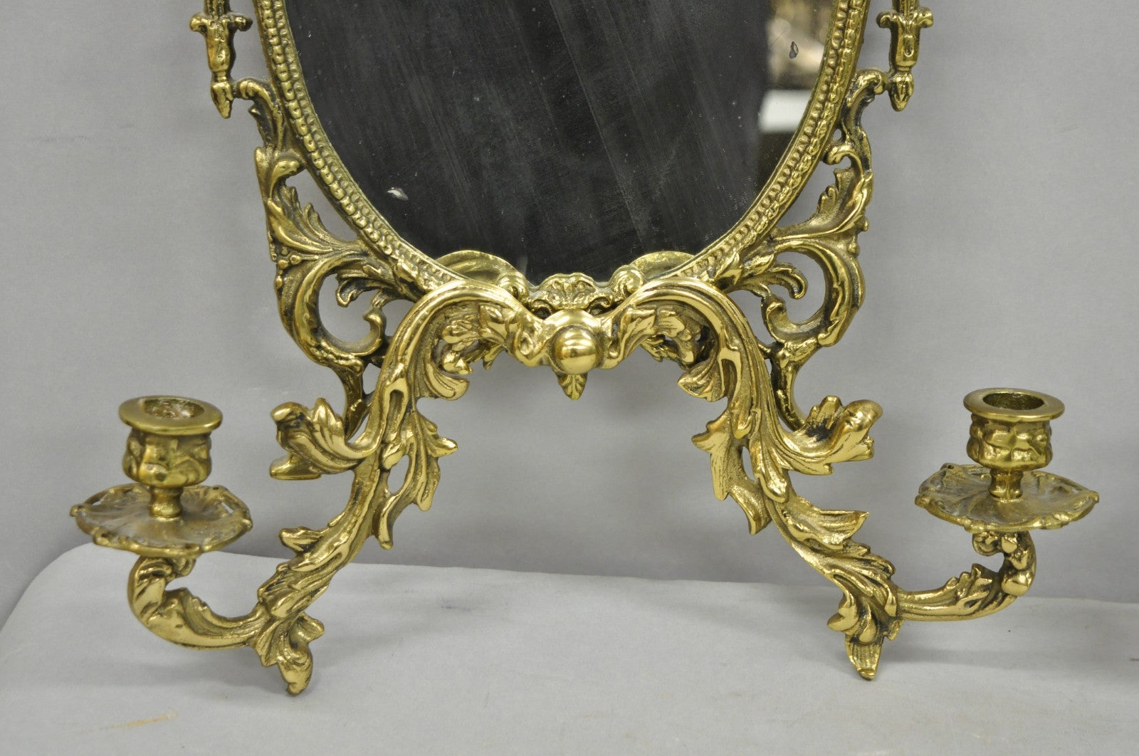 Antique French Rococo Louis XV Brass Oval Mirror Candelabra Wall Sconces - Pair