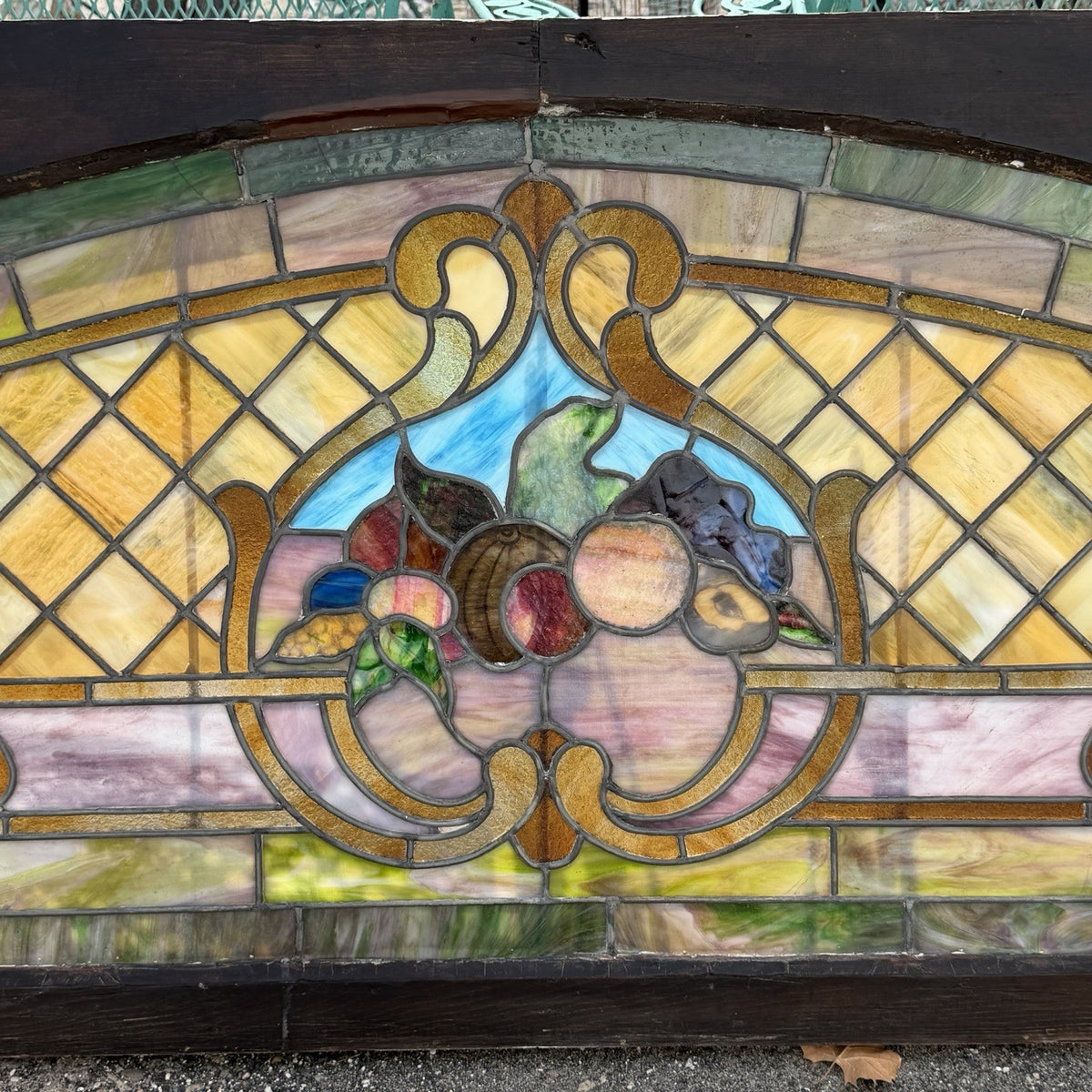 Antique Art Nouveau Colored Stained Glass Fruit 27 x 75 Arched Transom Window, A