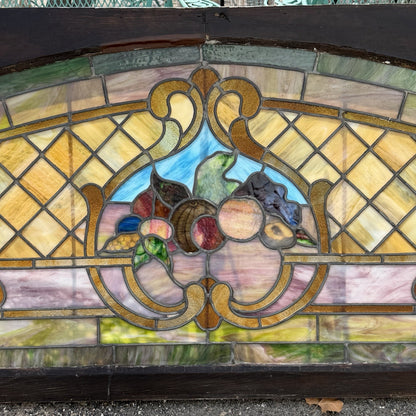 Antique Art Nouveau Colored Stained Glass Fruit 27 x 75 Arched Transom Window, A