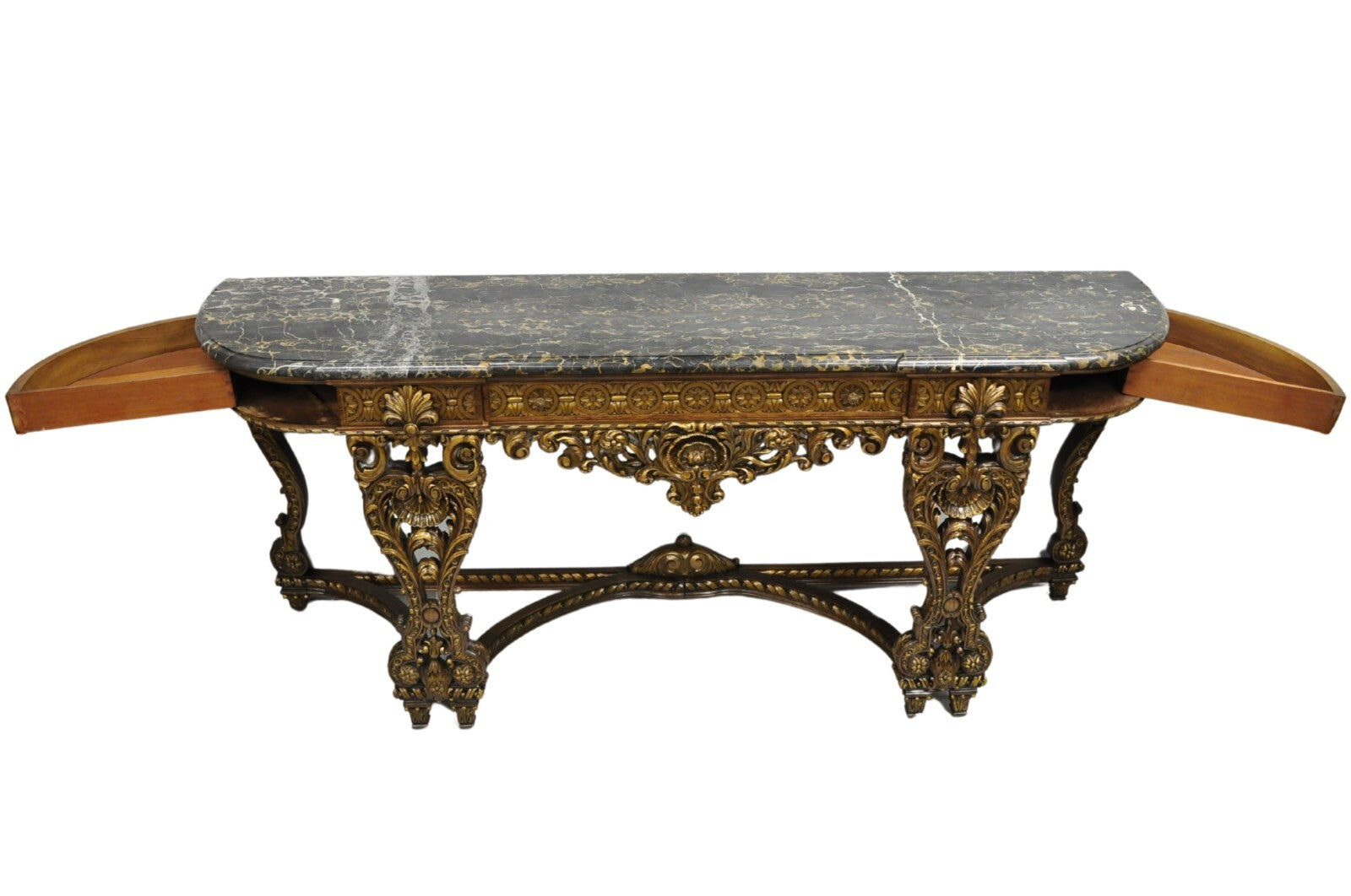 Antique French Baroque Rococo Carved Walnut Marble Top Sideboard Buffet w Drawer