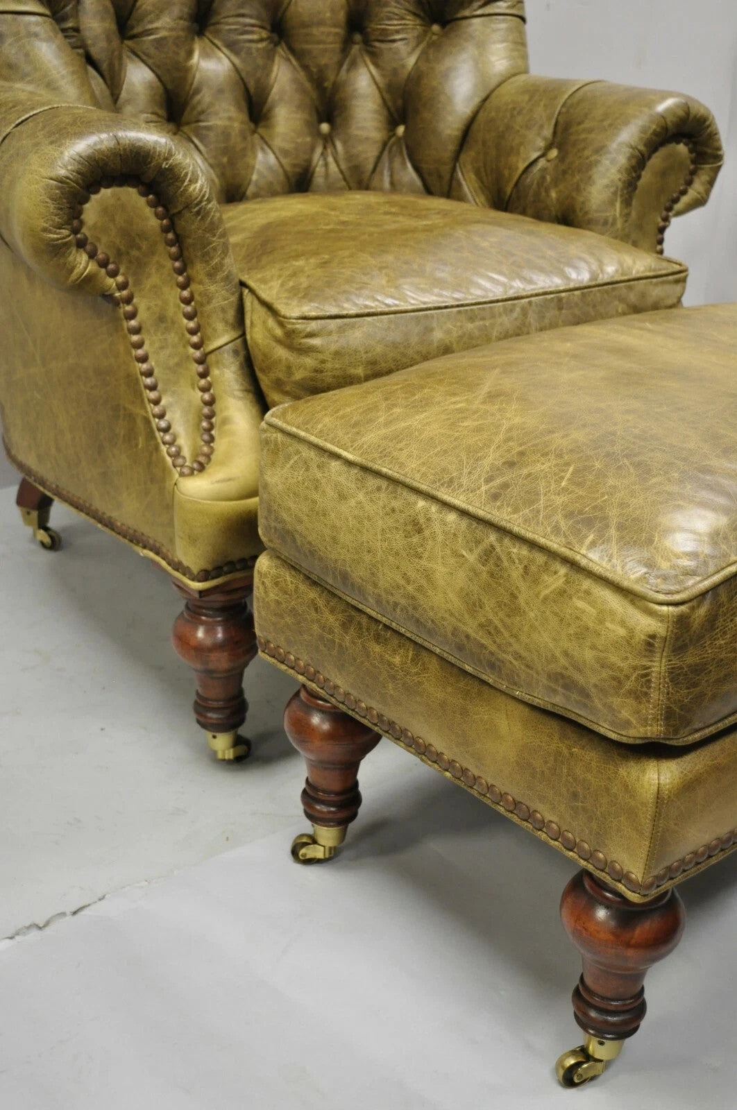 Lillian August Brown Green Leather Chesterfield Club Lounge Chair & Ottoman