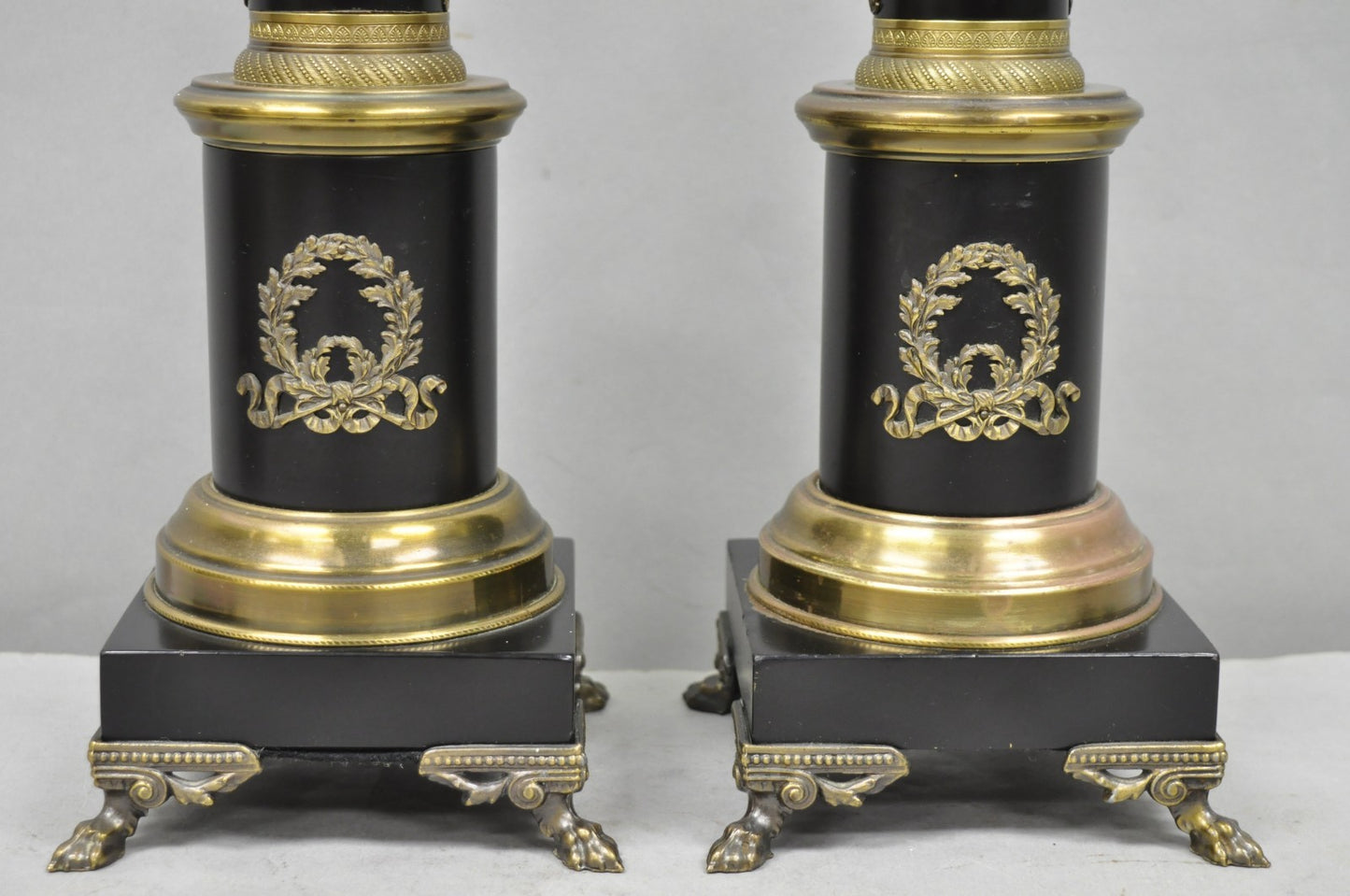 Vintage French Empire Style Black Column Brass Ormolu Bouillotte Table Lamp Pair