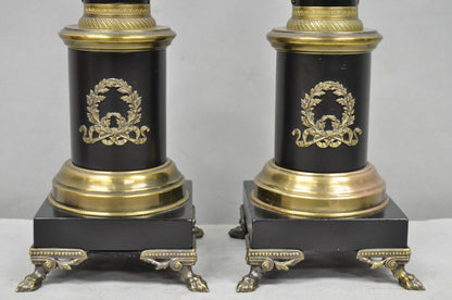 Vintage French Empire Style Black Column Brass Ormolu Bouillotte Table Lamp Pair
