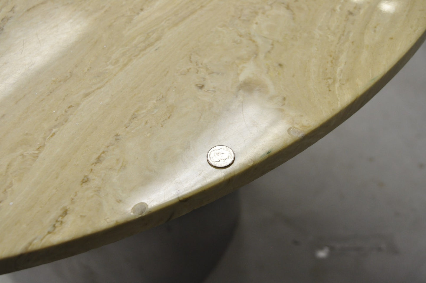 Vintage Mid Century Modern Round Travertine Chrome Steel Pedestal Dining Table