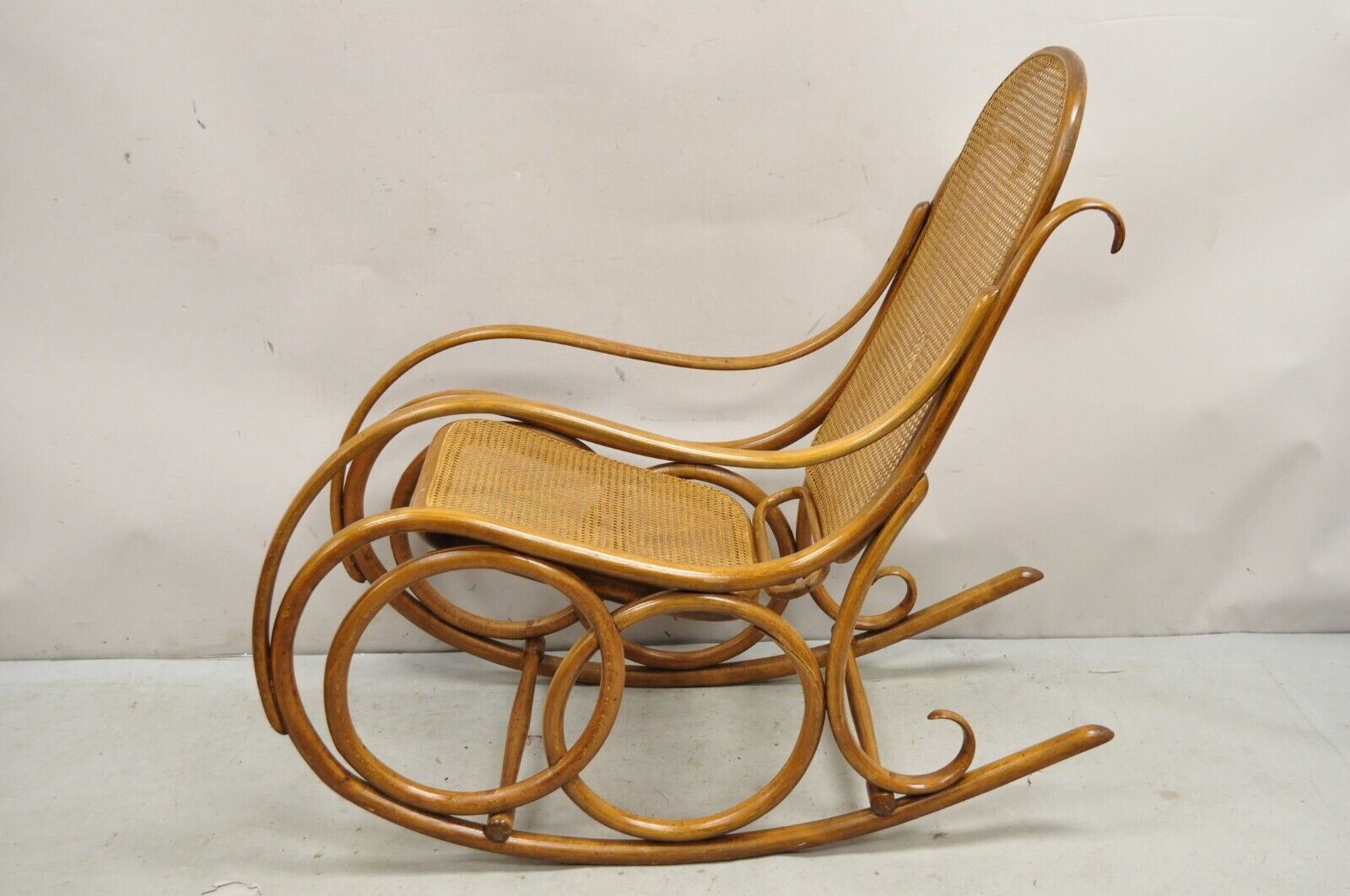 Vintage Michael Thonet Style Oak Cane Rattan Bentwood Rocking Chair Rocker