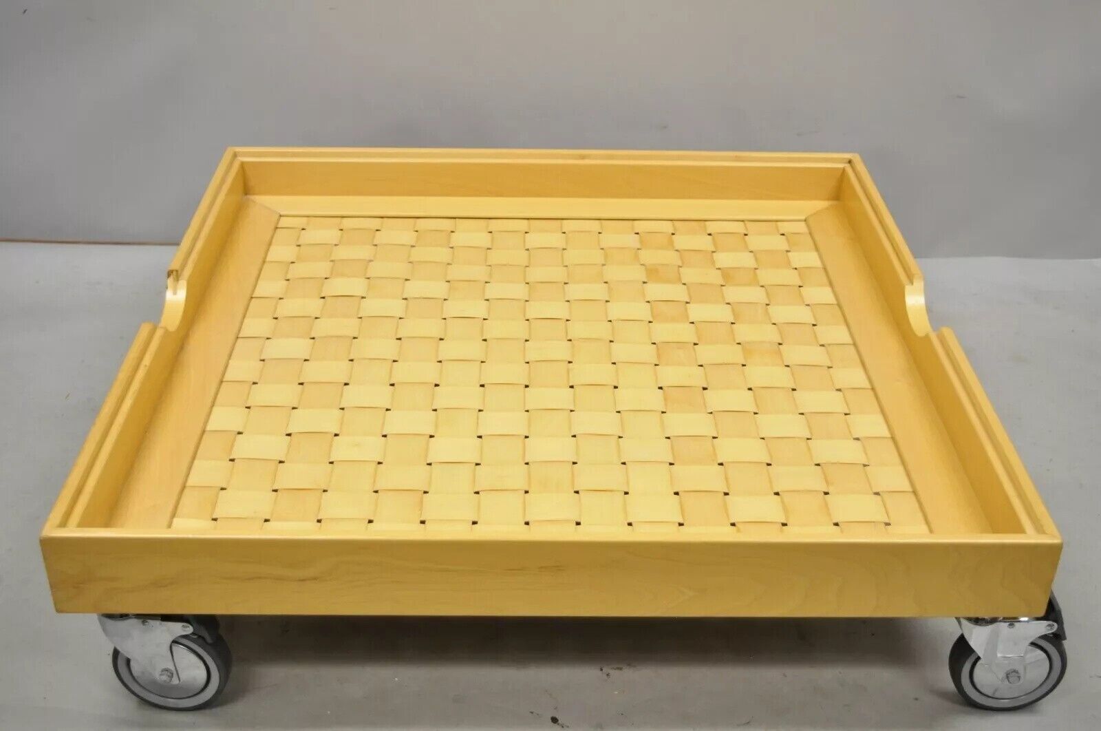 Modern Basketweave Factory Cart Coffee Table on Wheels with Glass Display Top