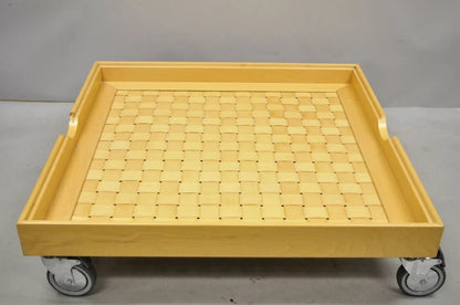 Modern Basketweave Factory Cart Coffee Table on Wheels with Glass Display Top