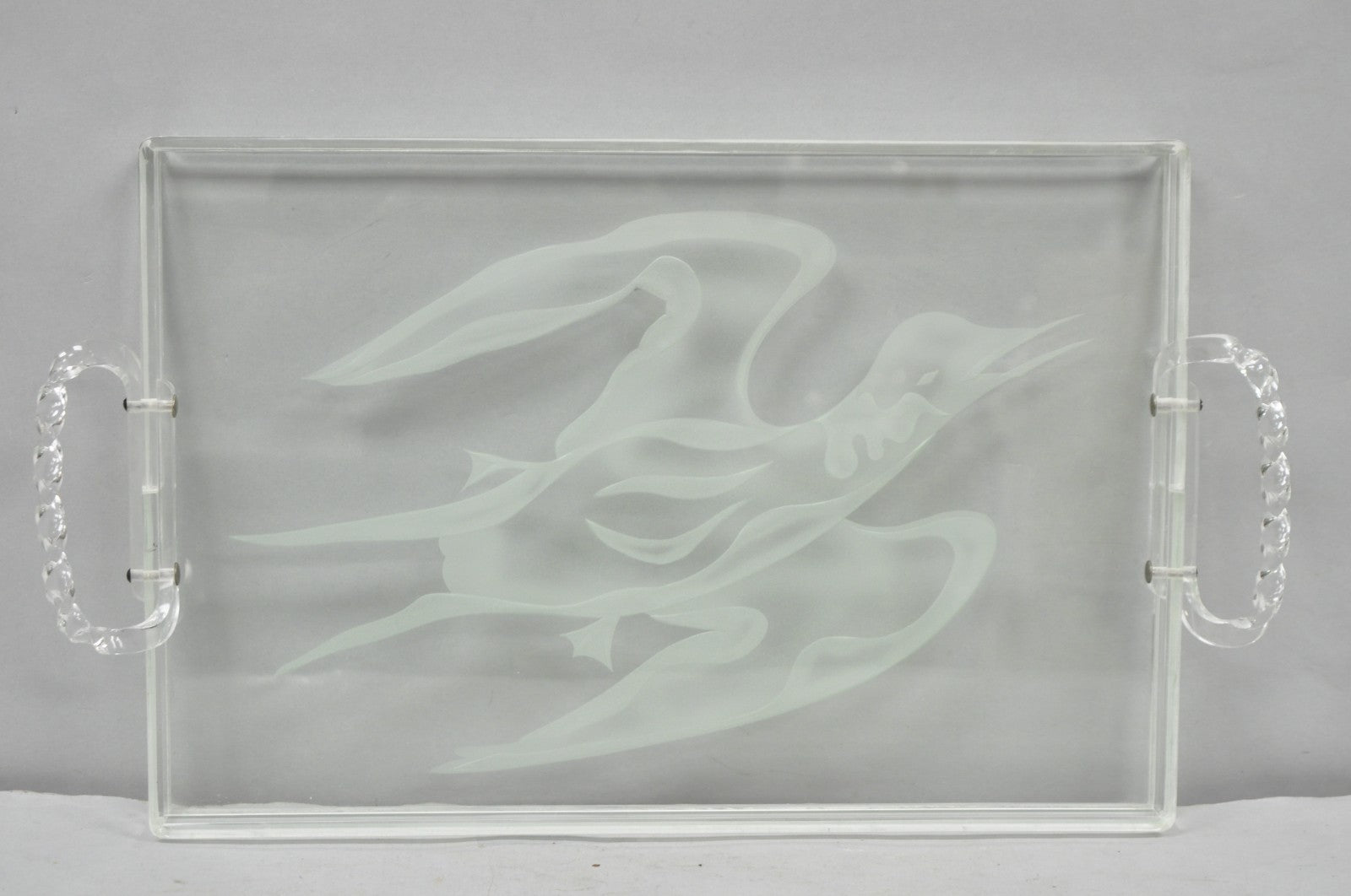 Vintage Mid Century Modern Dorothy Thorpe Style Etched Glass Bird Acrylic Tray