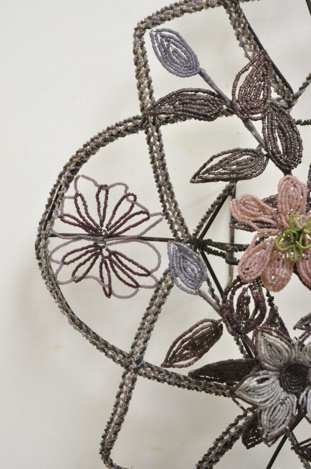 Antique French Victorian Purple Glass Beaded Memorial Wreath Wall Sculpture