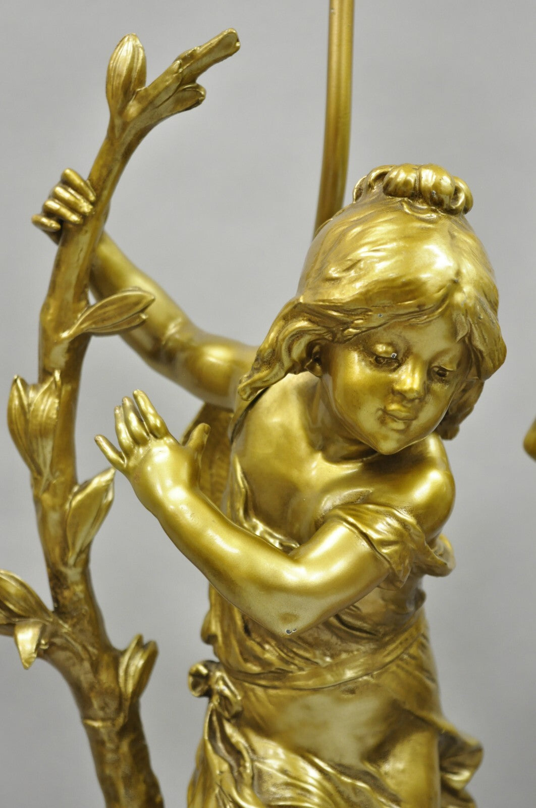 Antique L&F Moreau French Renaissance Gold Paint Metal Figural Table Lamps Pair