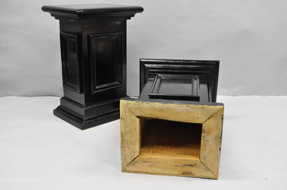 Vintage French Empire Style Black Lacquer Painted Pedestal Column End Table Pair
