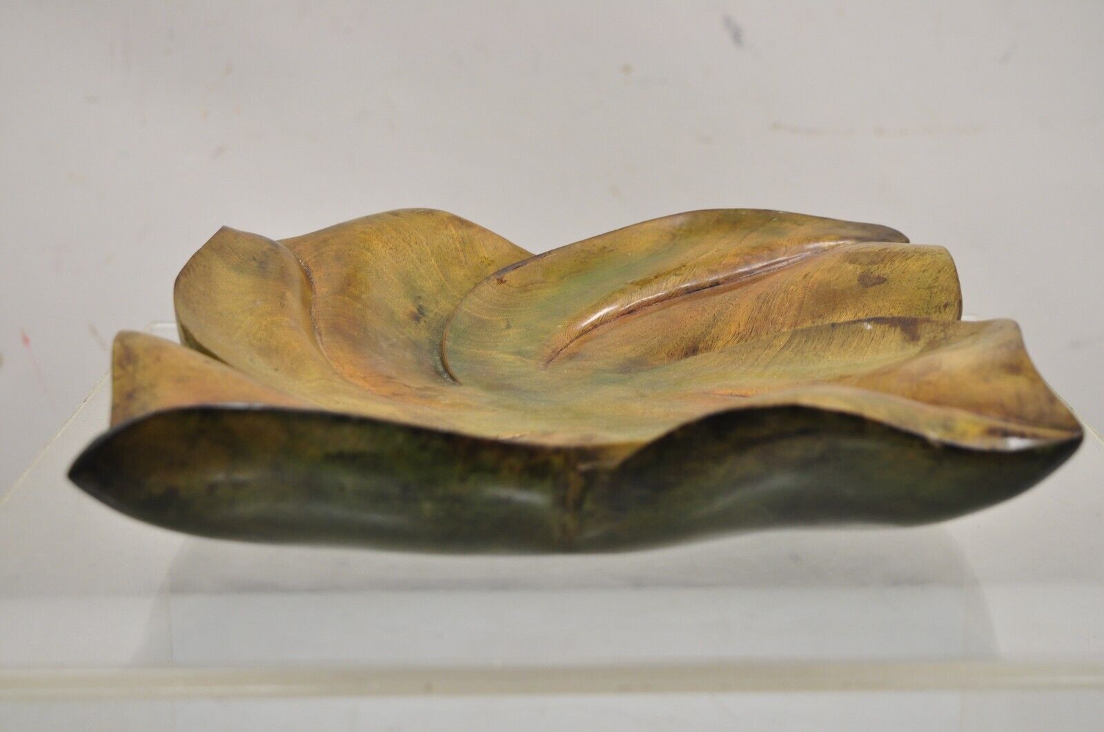 Vintage Dan Karner Mid Century Modern Square Carved Wood Leaf Centerpiece Bowl