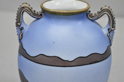 Antique Hand Painted Blue Nippon Porcelain Halloween Pattern Twin Handle Vase