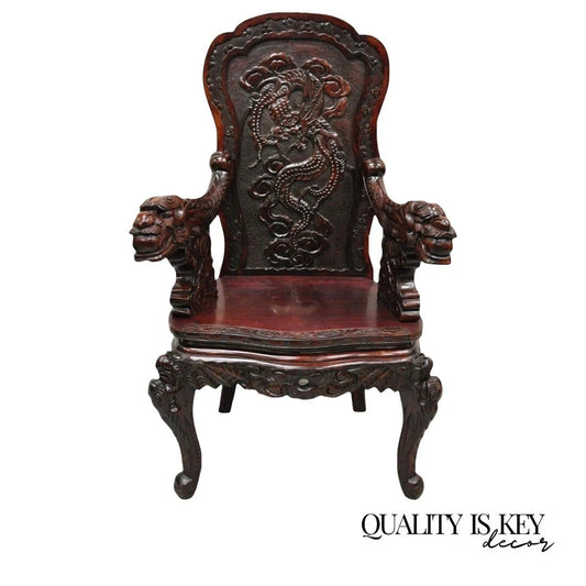 Antique Japanese Export Carved Hardwood Foo Dog Figural Throne Desk Arm Chair