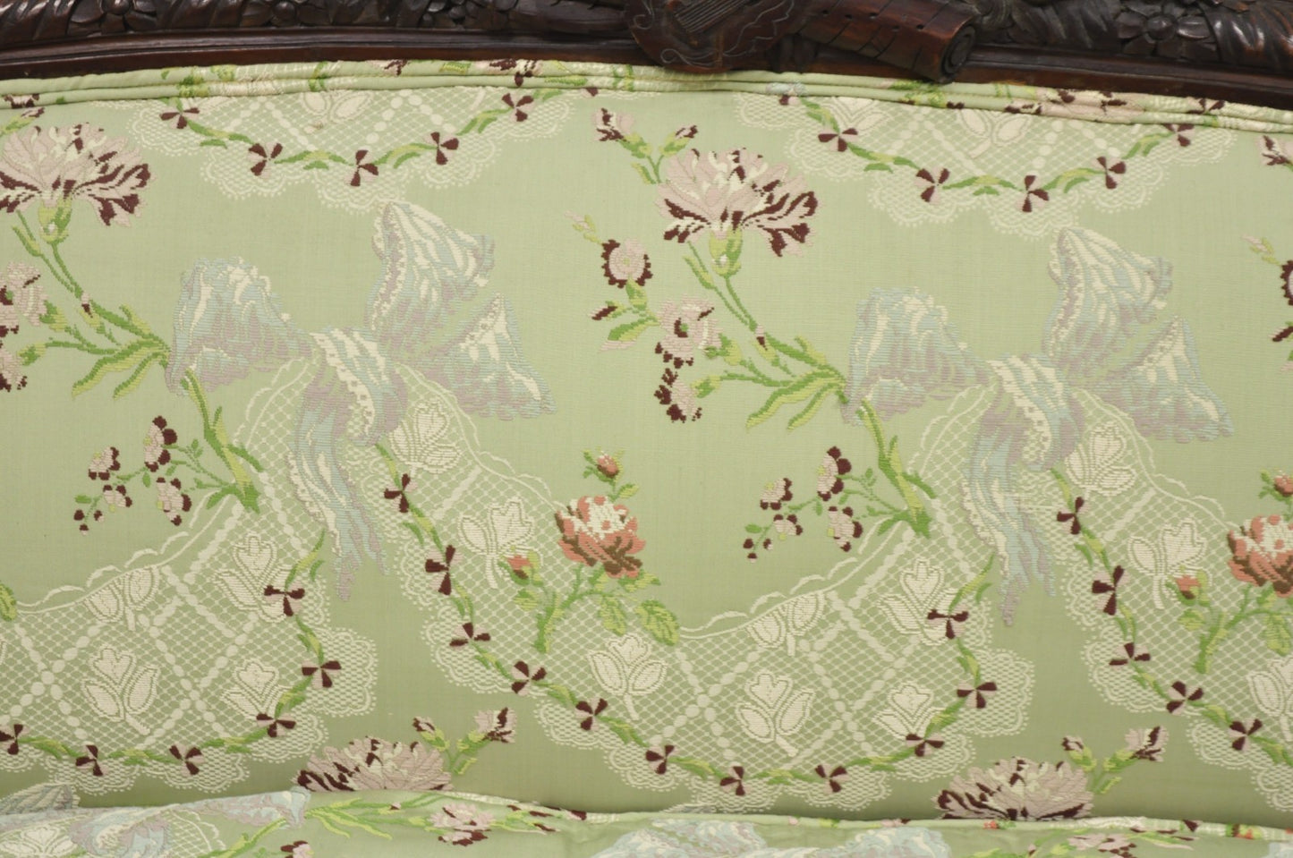 Antique Italian Renaissance Carved Walnut French Victorian Rams Head Green Sofa