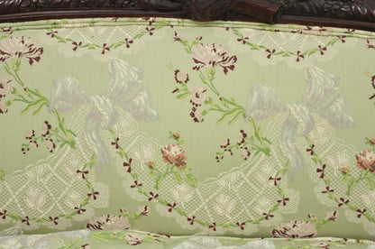 Antique Italian Renaissance Carved Walnut French Victorian Rams Head Green Sofa