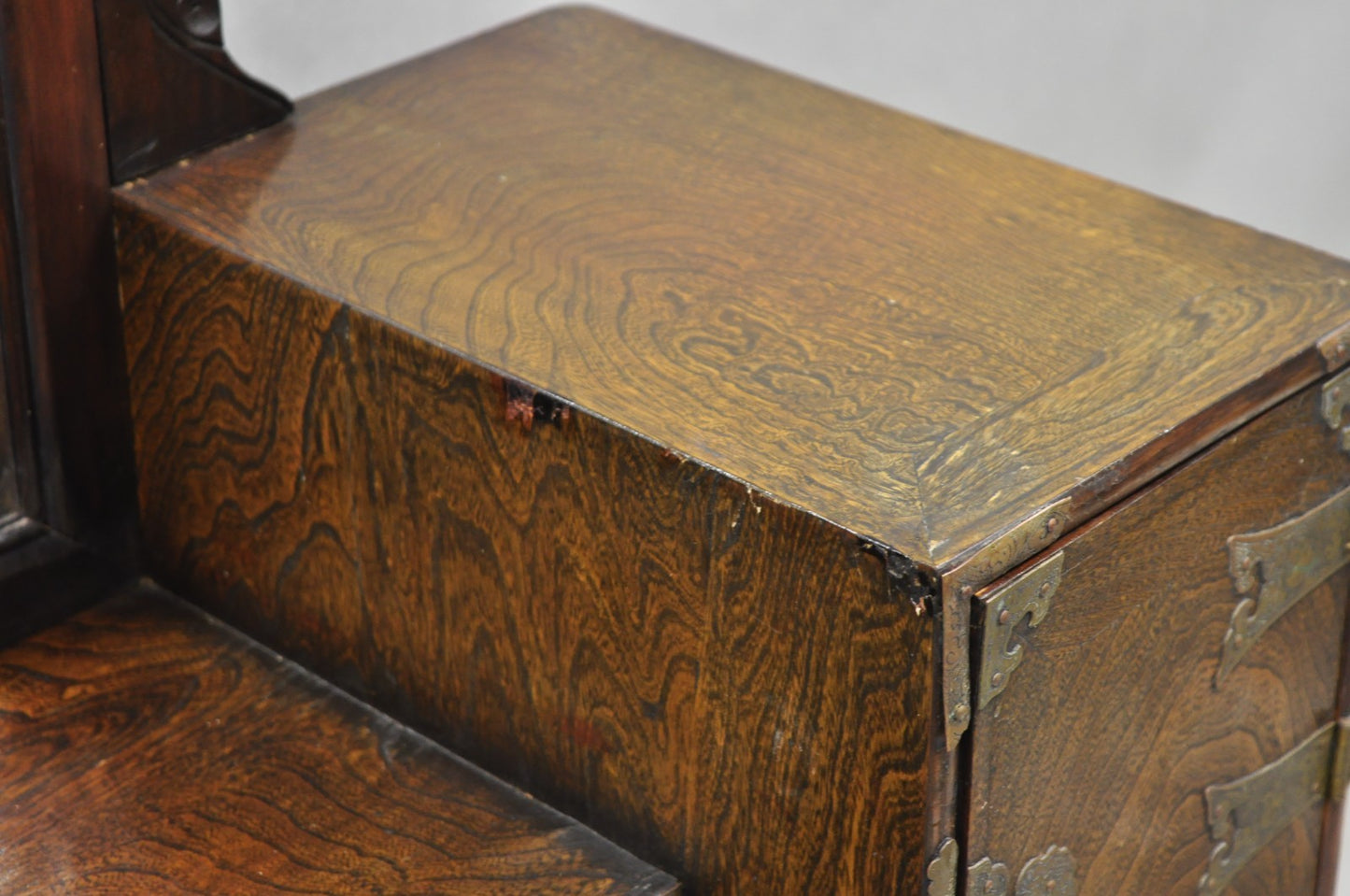 Antique Japanese Wood & Brass Small Low Kyodai Vanity Dressing Table with Mirror