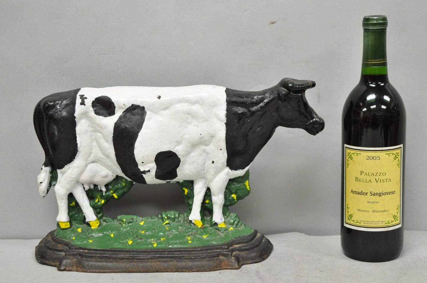 Antique Black and White Dairy Cow Cast Iron Painted Large Figural Door Stop