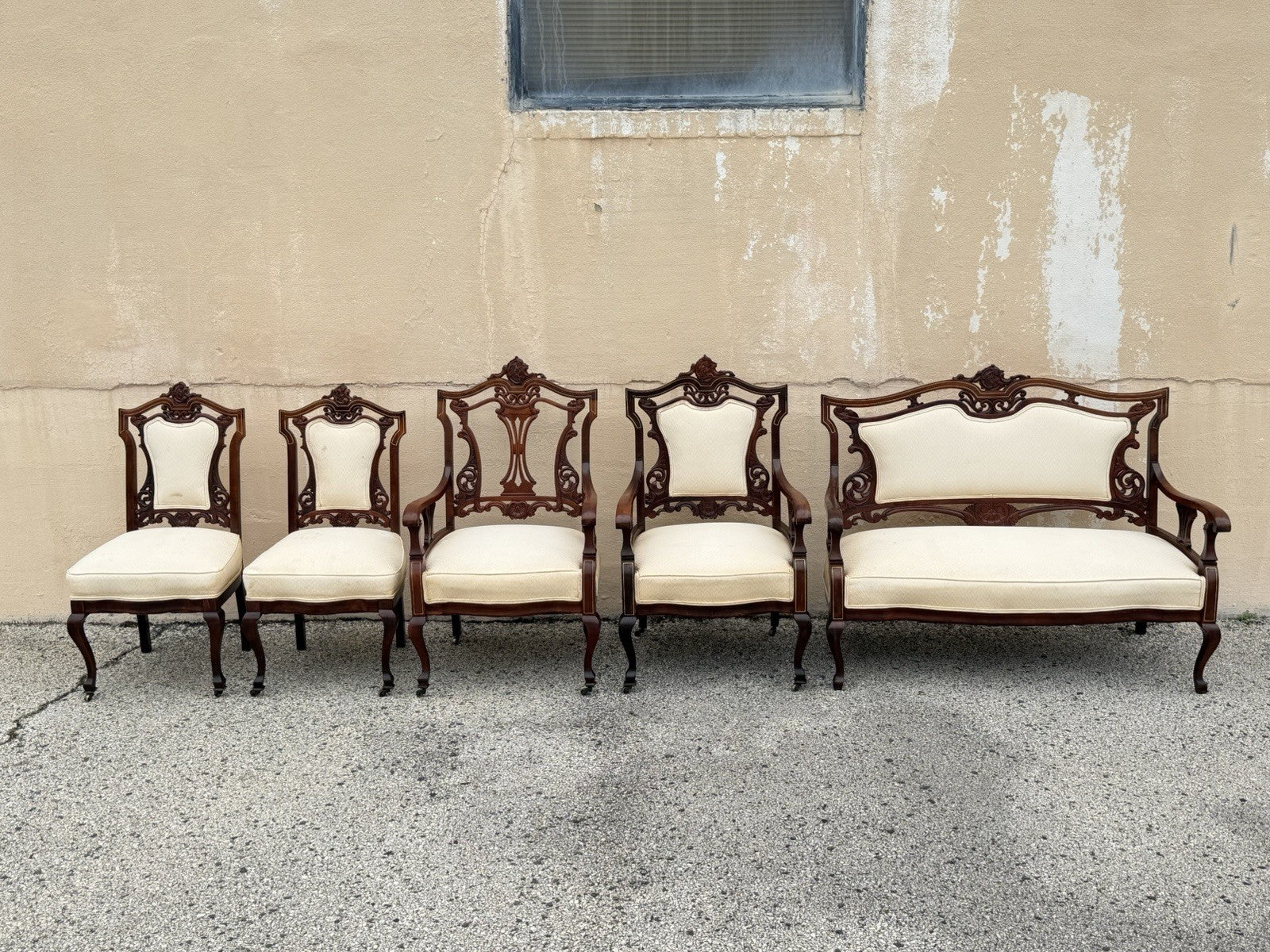 Antique Victorian Carved Mahogany Inlaid Parlor Set Sofa and 4 Chairs - 5 Pcs