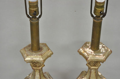 Italian Hollywood Regency Silver Carved Giltwood Candlestick Table Lamps a Pair