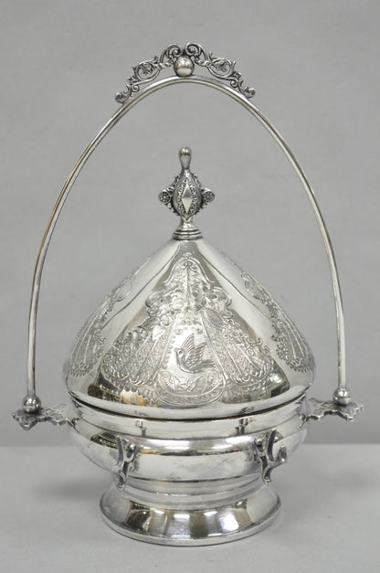 Antique English Art Nouveau Silver Plated Covered Butter Serving Dish w / Birds