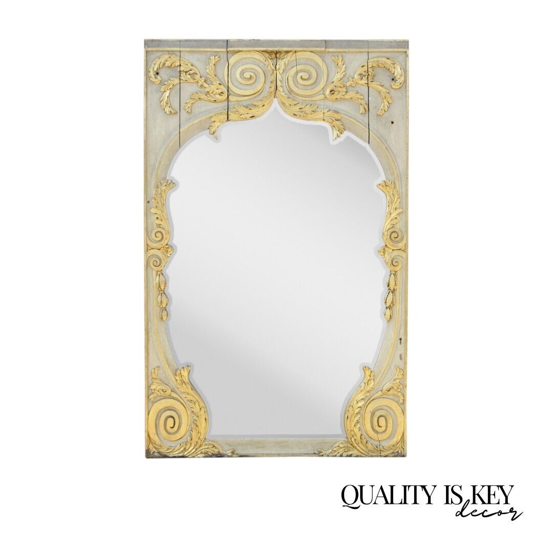 Antique French Rococo Louis XV Style 85" Gold Gilt Cream Painted Trumeau Mirror