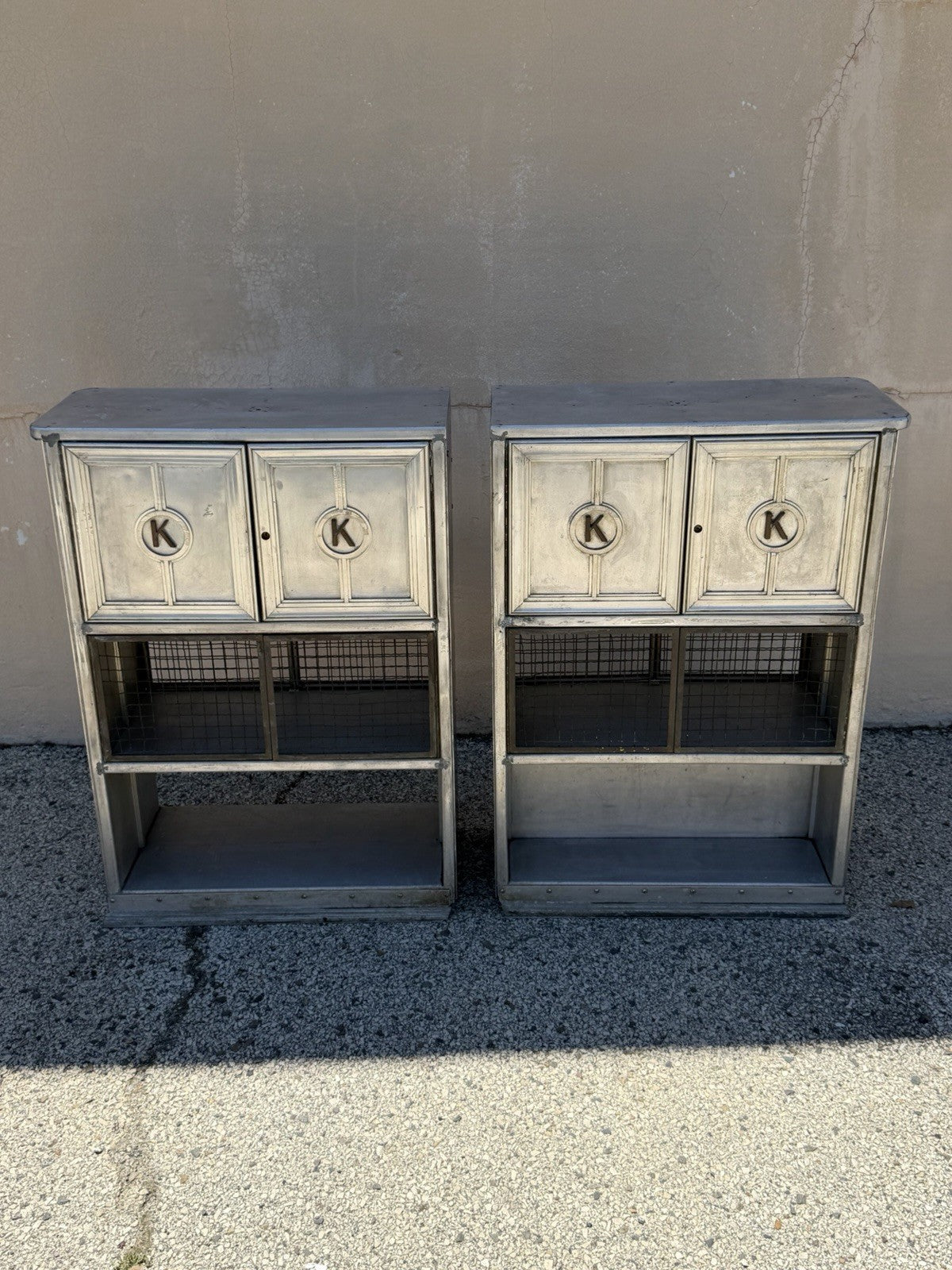 Antique Art Deco Steel Metal Dual Sided Dental Medical Cabinets Bar - a Pair
