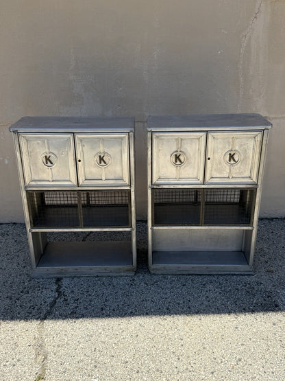 Antique Art Deco Steel Metal Dual Sided Dental Medical Cabinets Bar - a Pair