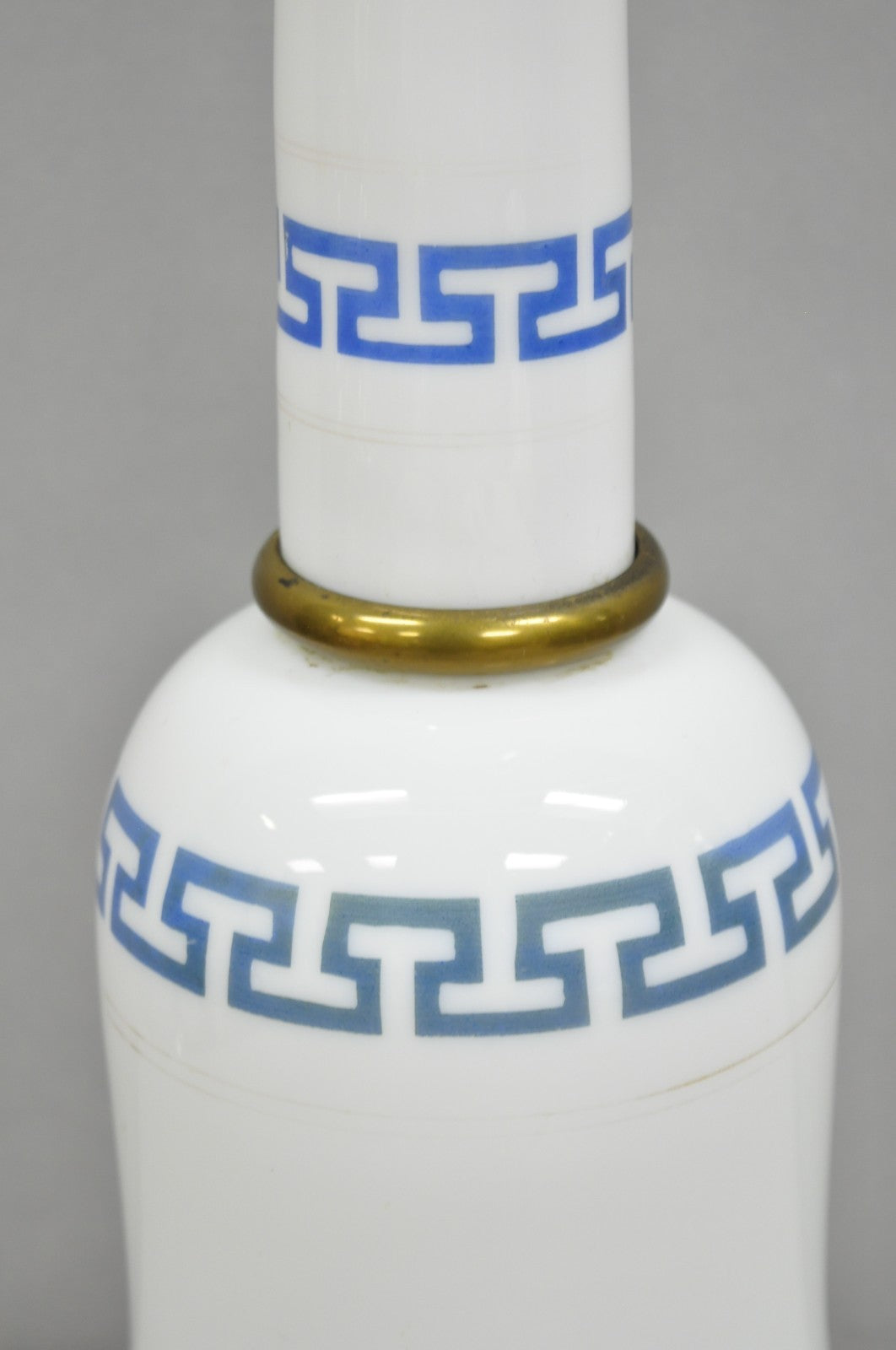 Vintage Italian Neoclassical White Milk Glass Column Blue Greek Key Table Lamp