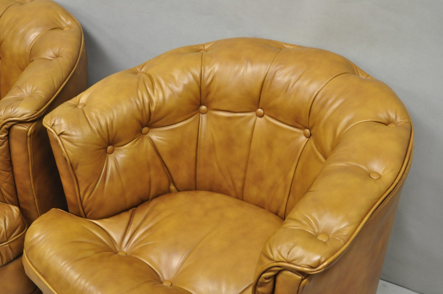 Vintage Classic Leather Chesterfield Brown Tufted Leather Barrel Club Chair Pair