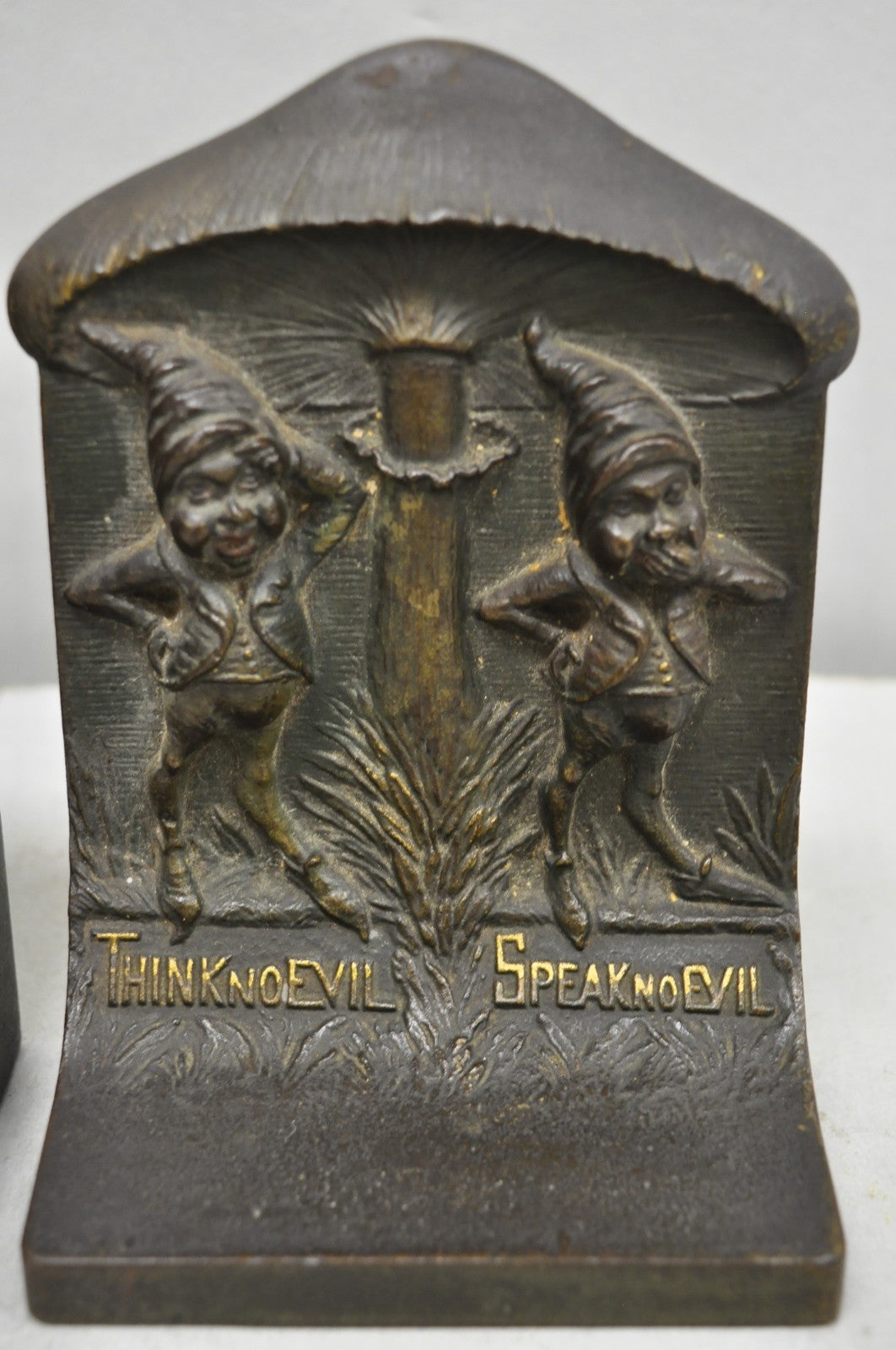 Antique Bradley & Hubbard See No Evil Gnome Mushroom Cast Iron Bookends - Pair