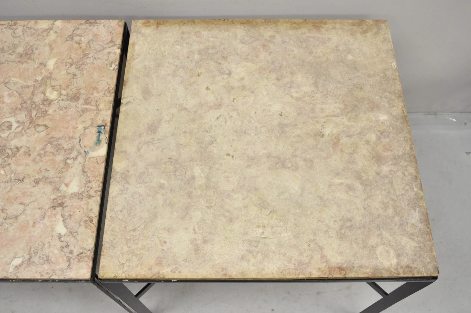 Mid Century Modern Paul McCobb Style Wrought Iron Marble Square Side Table Pair