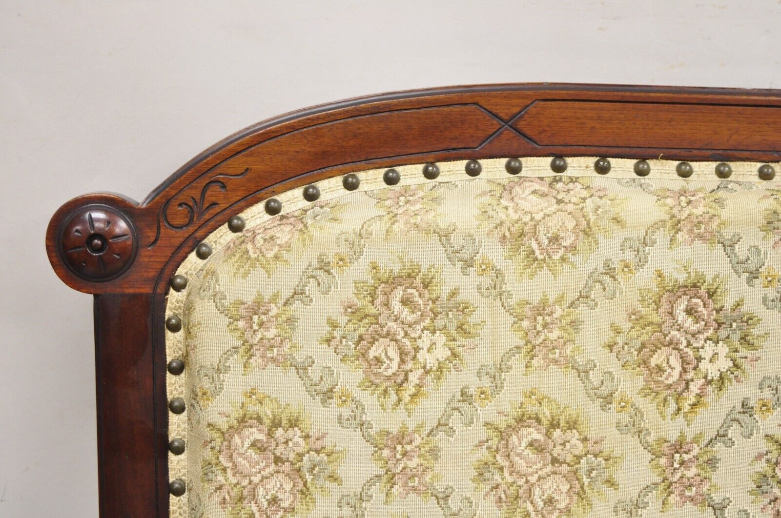 Antique Eastlake Victorian Carved Walnut Floral Upholstered Parlor Sofa Loveseat