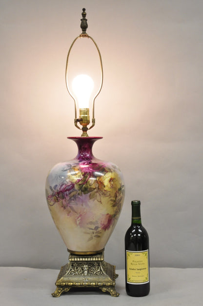 Antique French Paris Porcelain Hand Painted Flowers Bulbous Vase Table Lamp