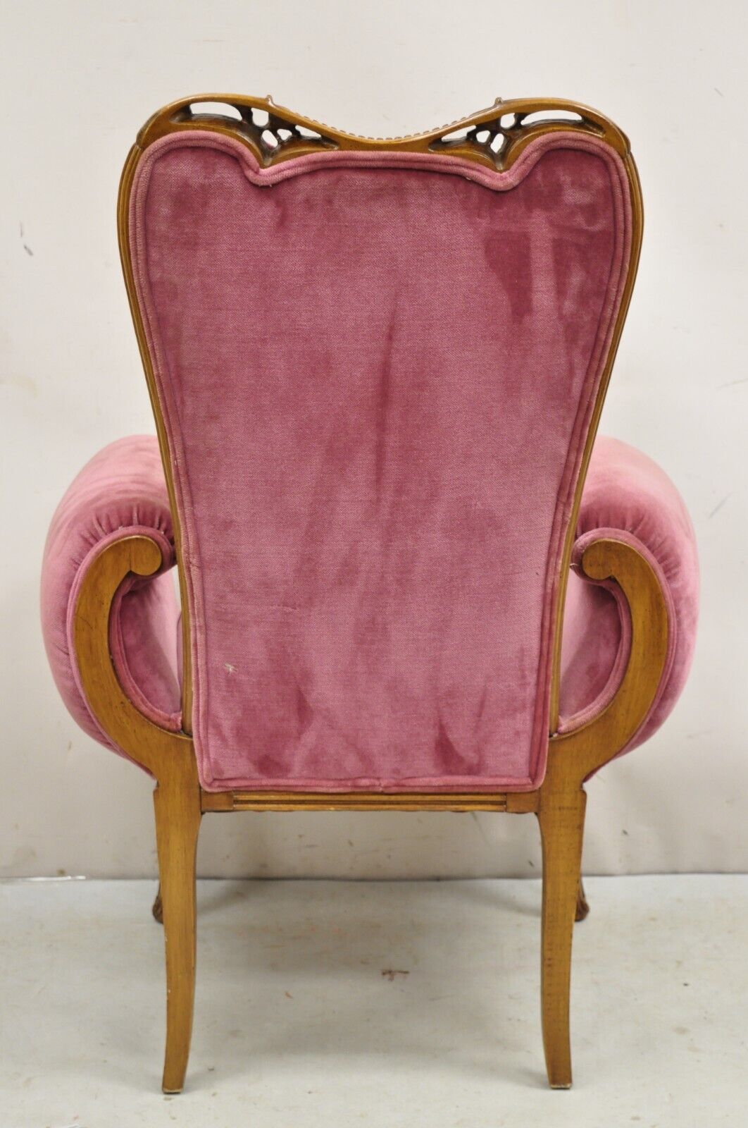 Antique Victorian Pink Tufted Carved Wood Parlor Arm Chair