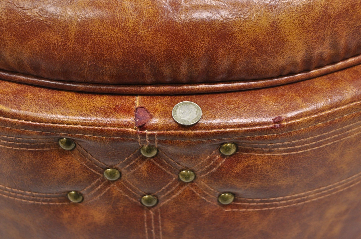 Contemporary Modern Moroccan Style Brown Faux Leather Round Storage Ottoman Pair