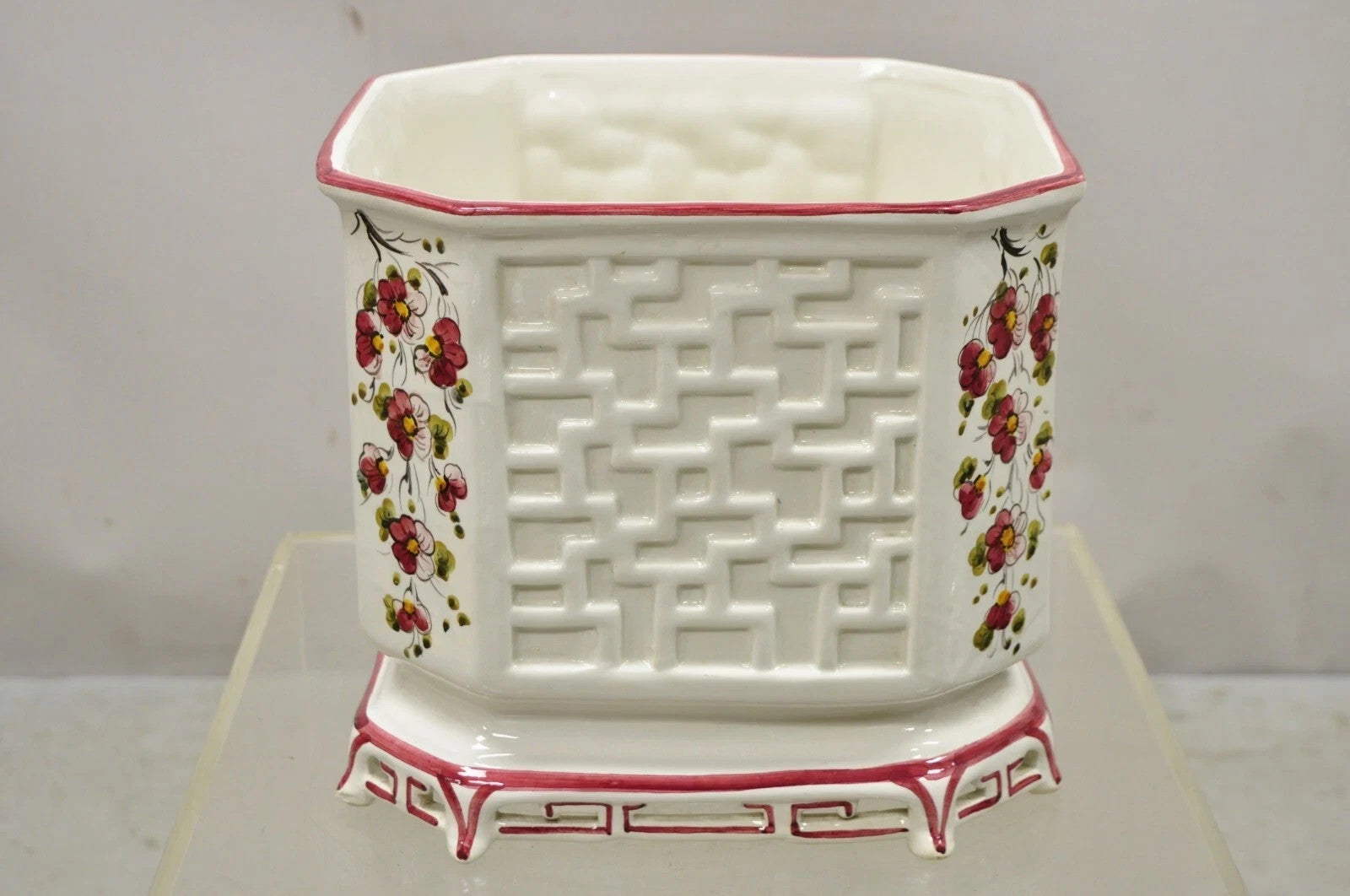 Vintage Chinoiserie Italian Porcelain Lattice Fretwork Pink Flower Planter Pot