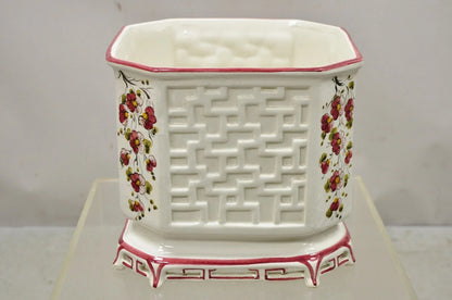 Vintage Chinoiserie Italian Porcelain Lattice Fretwork Pink Flower Planter Pot