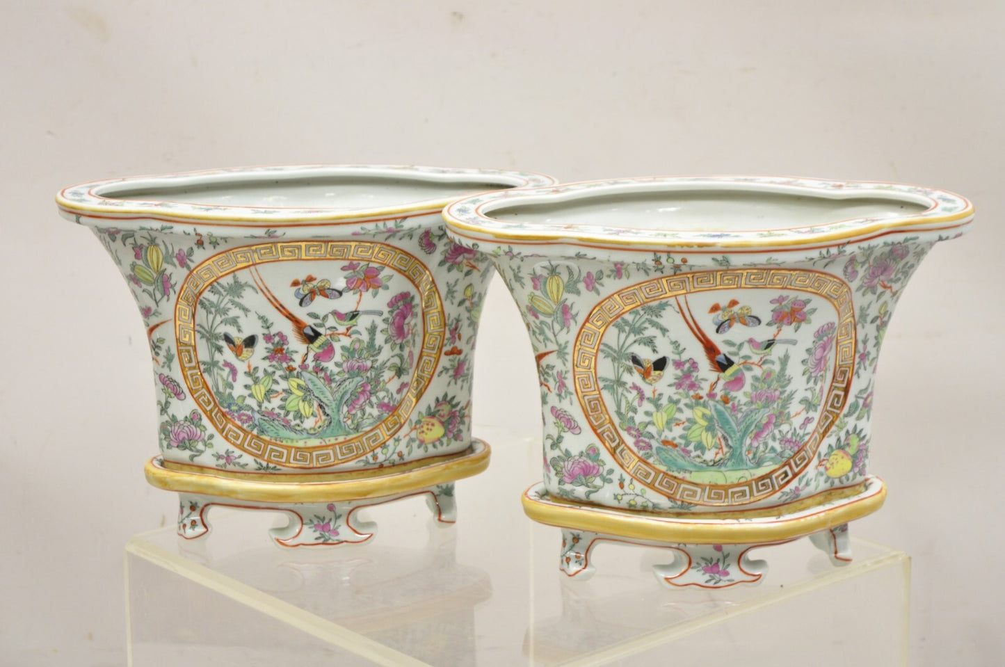 Vintage Chinese Export Porcelain Bird Painted Cachepot Flower Pot - a Pair