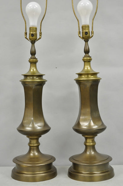 Vintage French Empire Patinated Bronze Brass Column Table Lamps by Wildwood Pair