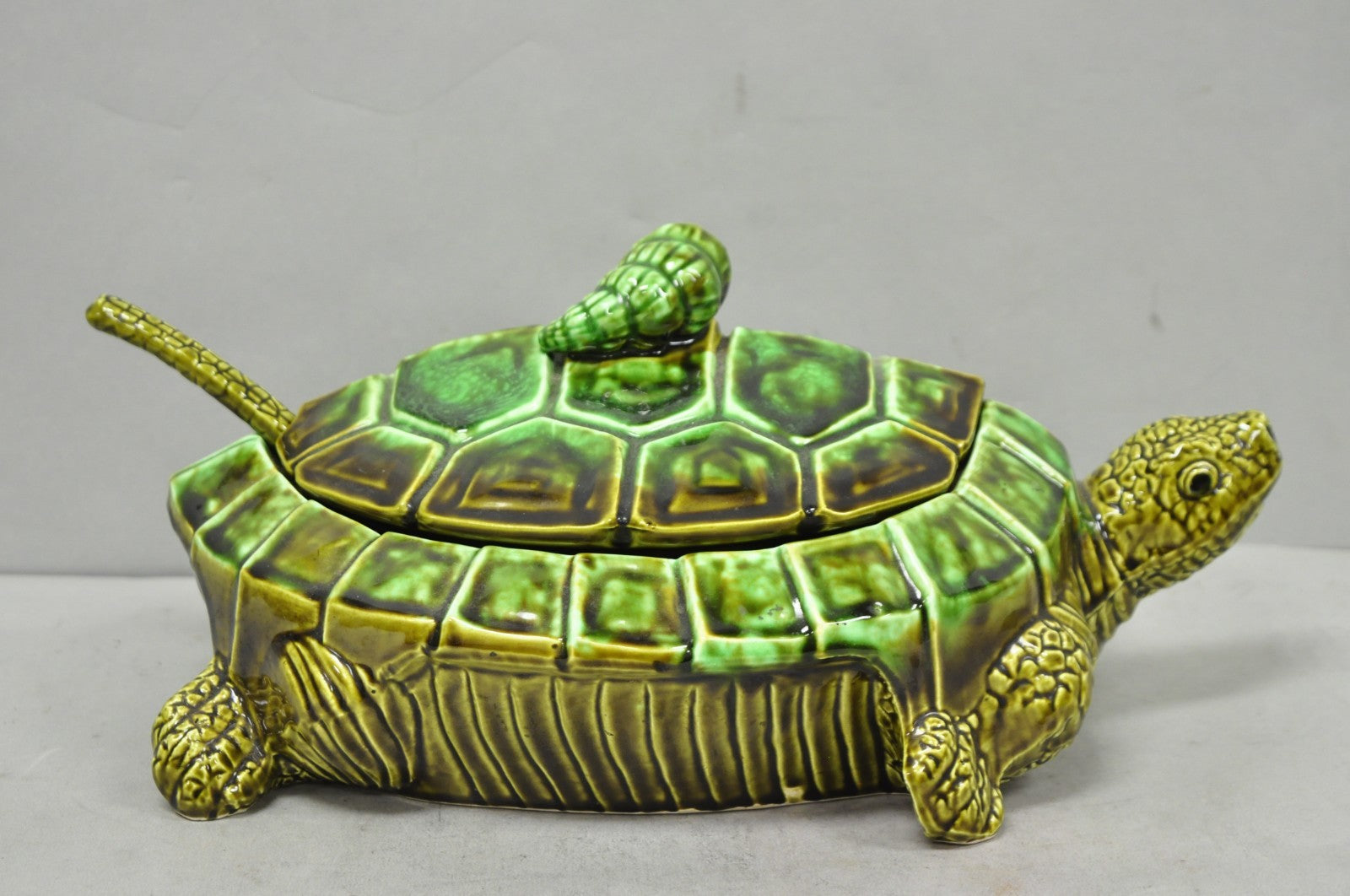 Vintage Tilso Japan Mid Century Modern Green Ceramic Figural Turtle Soup Tureen