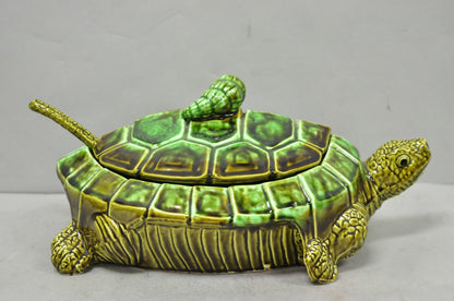 Vintage Tilso Japan Mid Century Modern Green Ceramic Figural Turtle Soup Tureen