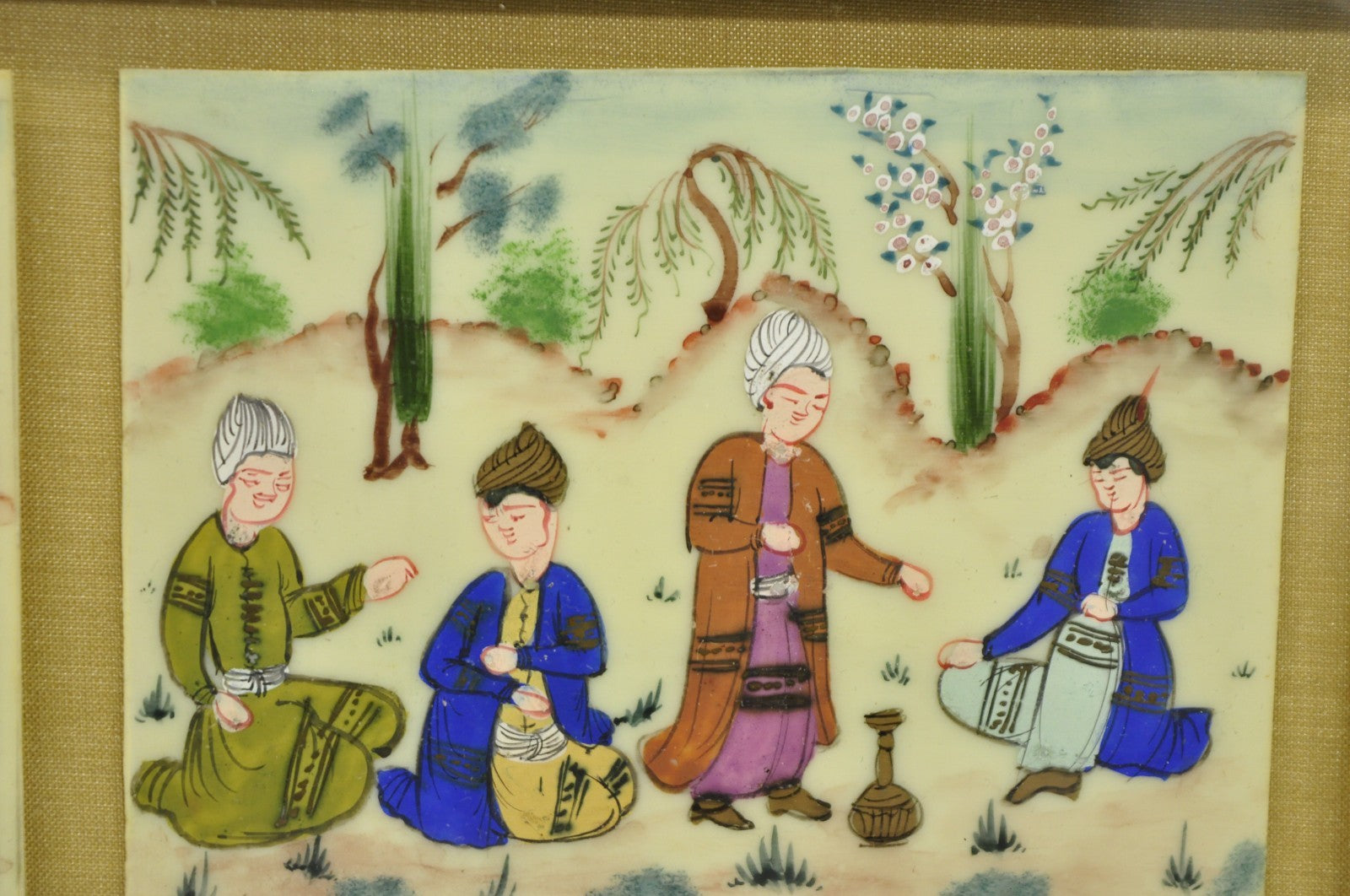 Vintage Persian Miniature Framed Hand Painted 3 Part Village Scene on Bone