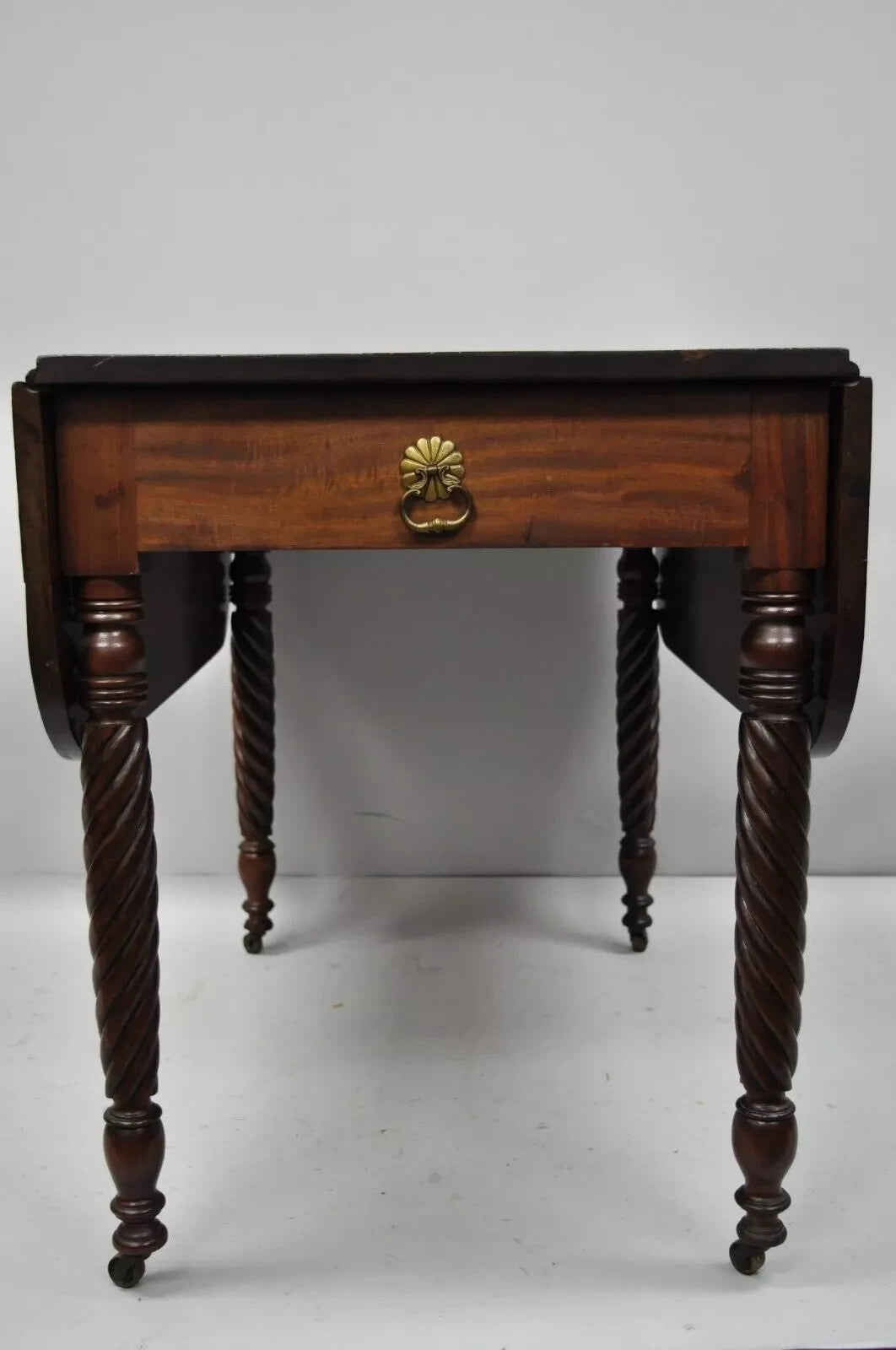 Antique 19th C. Sheraton Mahogany Turn Carved Spiral Leg Drop Leaf Dining Table